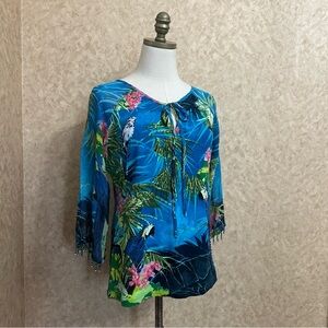 VTG Blue Fringe Beaded Floral Tropical Bird Top